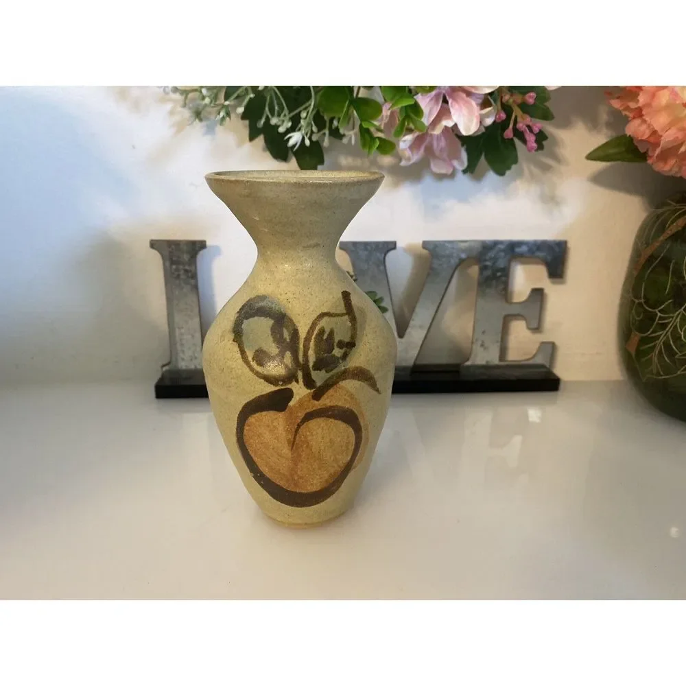 Vintage Hand Painted Stoneware Vase MCM Signed Numbered Peach Design‎ 6